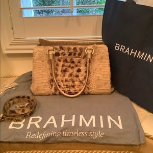 Large Brahmin Melbourne Croc Satchel- Sand/Gold